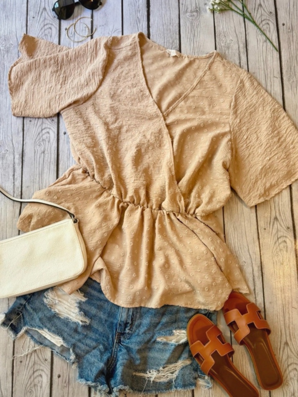 Neutral Textured V-Neck Peplum Blouse - Cream